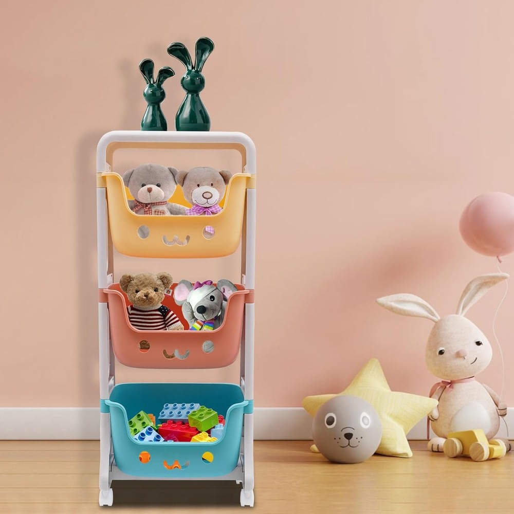 3-Tier Rolling Cart Stackable Utility Storage Trolley Serving Cart w/ Baskets