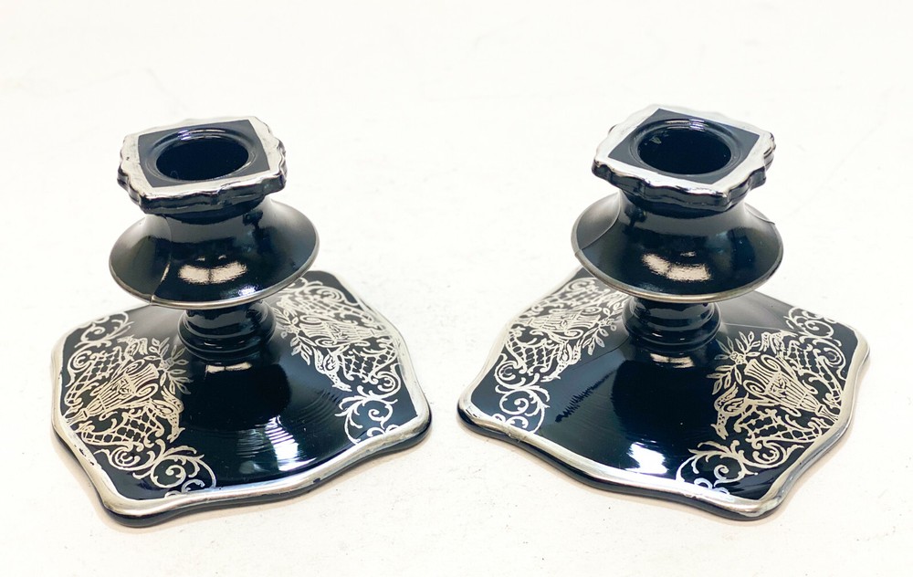 Pair Sterling Silver Overlay Black Amethyst Footed Candlestick Holders