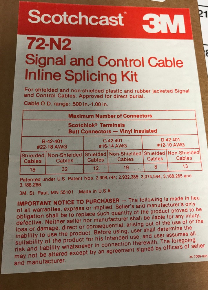 (1) SCOTCHCAST 3M 72-N2 SIGNAL AND CONTROL CABLE INLINE SPLICING KIT FREE SHIP