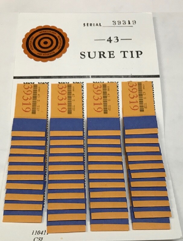 "ONE" #43 Sure Tip Board (1-43)  Pull Tabs/Jar Tickets Free Shipping