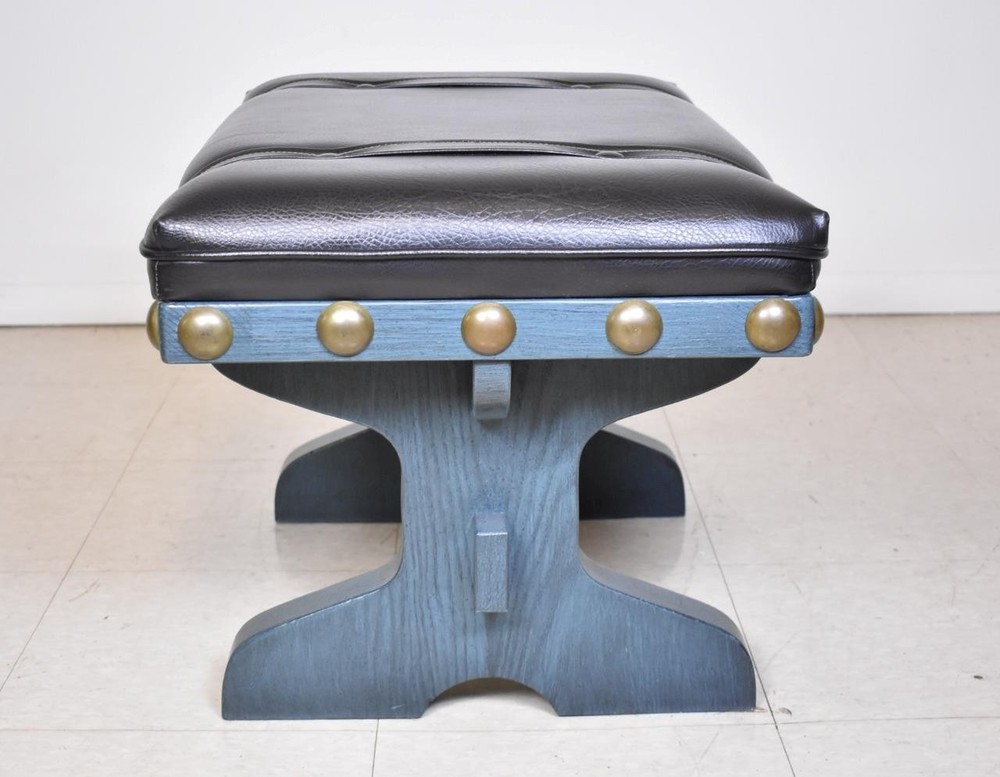 Mid-Century Black Vinyl Upholstered Benches with Oak Frames