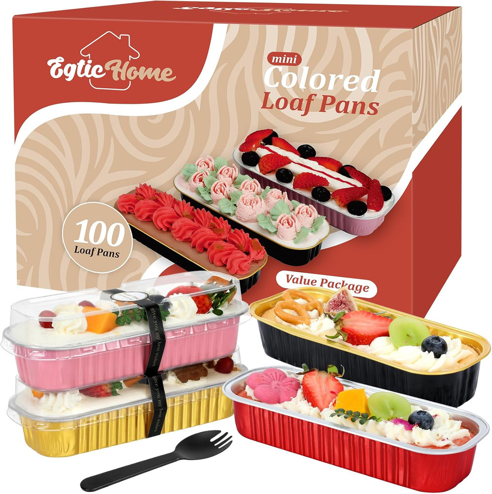 Mini Loaf Pans with Lids and Spoons (100 Pack, Mixed Color, 6.8Oz) Rectangular A