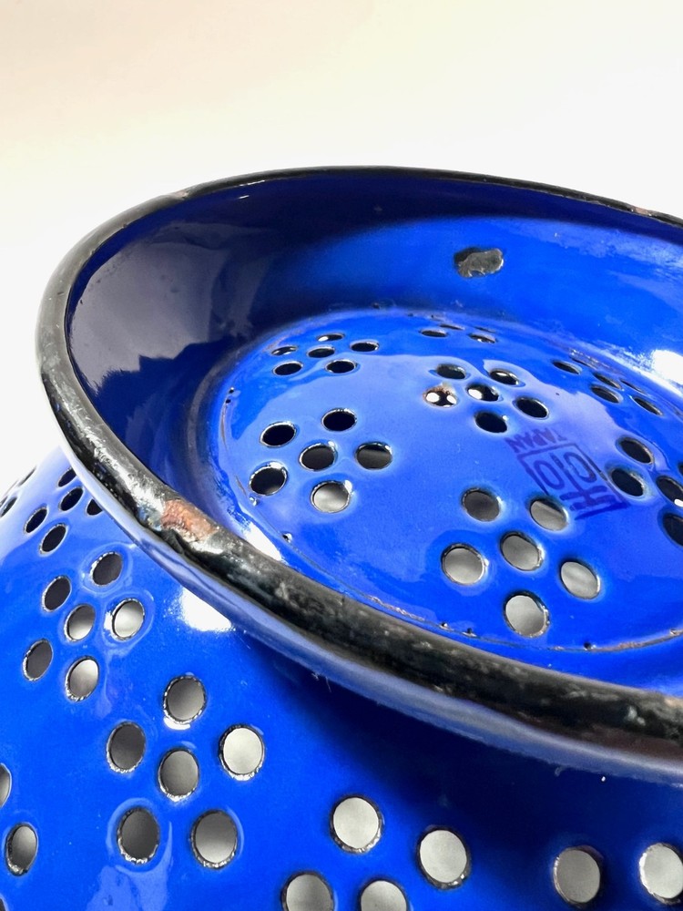 Blue Enameled Colander Japan Vintage Large
