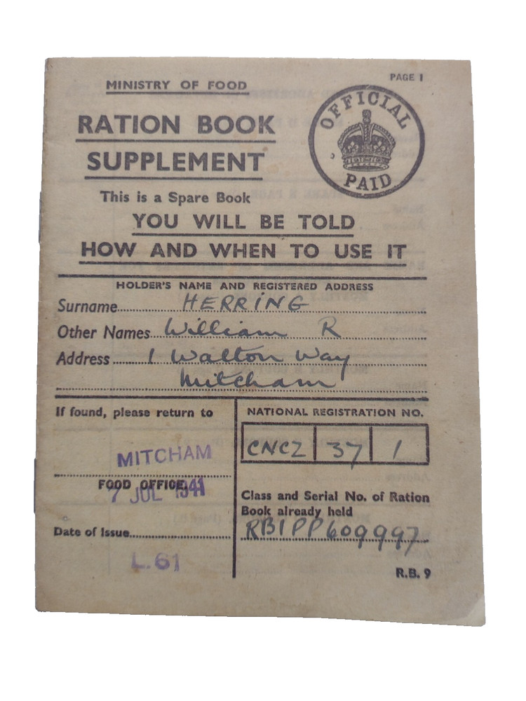 1941 Ration Book Supplement Spare Book For Herring William