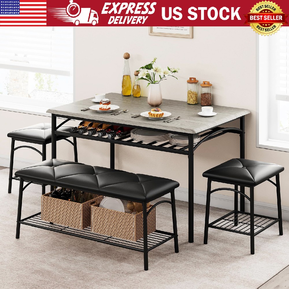 Dining Room Table Set for 4 Kitchen Table with Bench ,Stools & Storage Rack Grey
