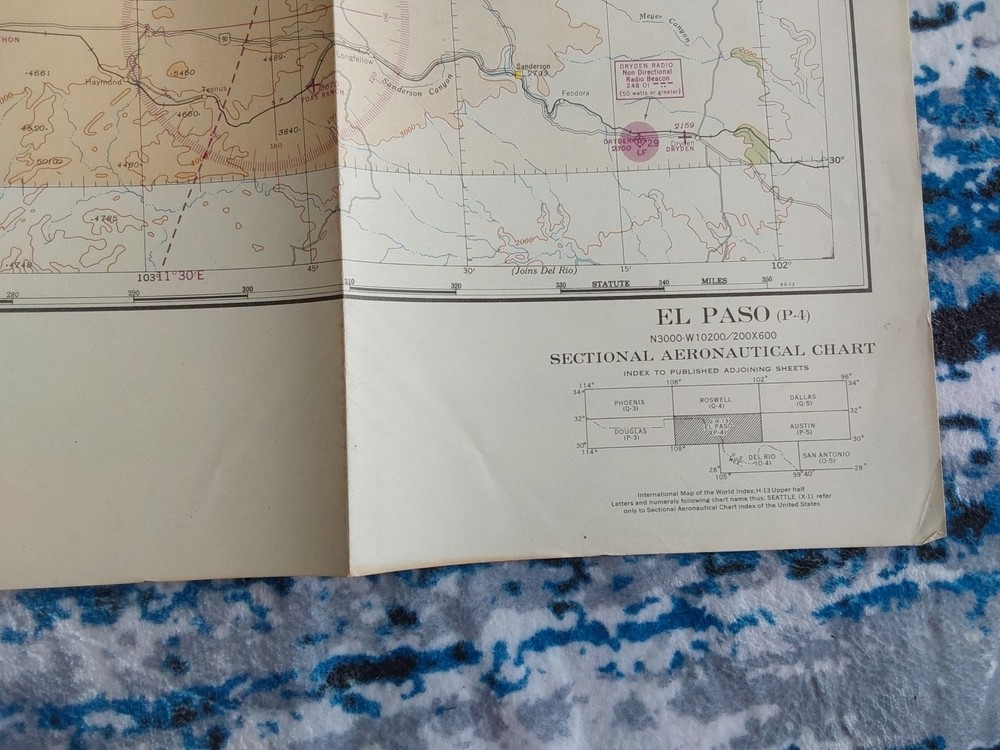 1944 WWII Sectional Aeronautical Chart Pilot Map El Paso, Marfa TX
