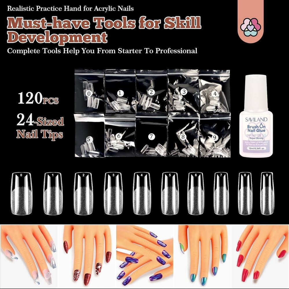 SAVILAND Practice Hand for Acrylic Nails: Flexible & Realistic Nail Practice Han