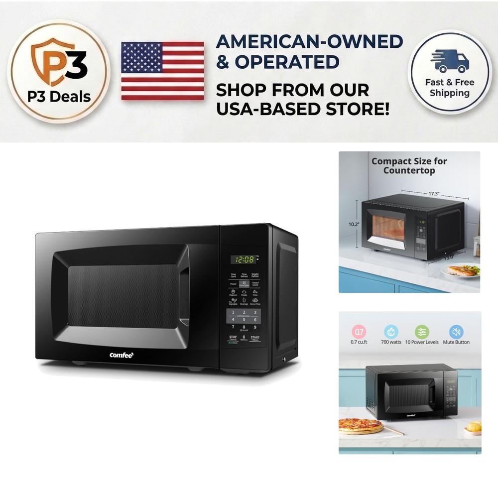 Efficient Black 700W Countertop Microwave - Child Safety Lock & Mute Function