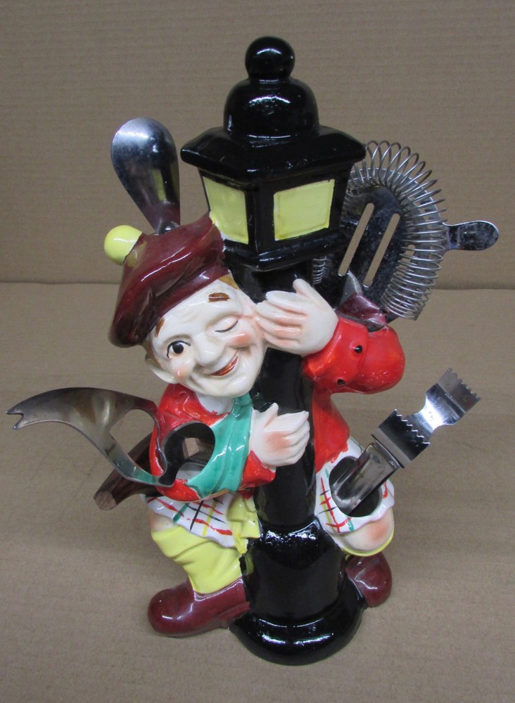 Vintage Bartender Tool Caddy With Tools Man Figure By Light Pole 1960's 11"