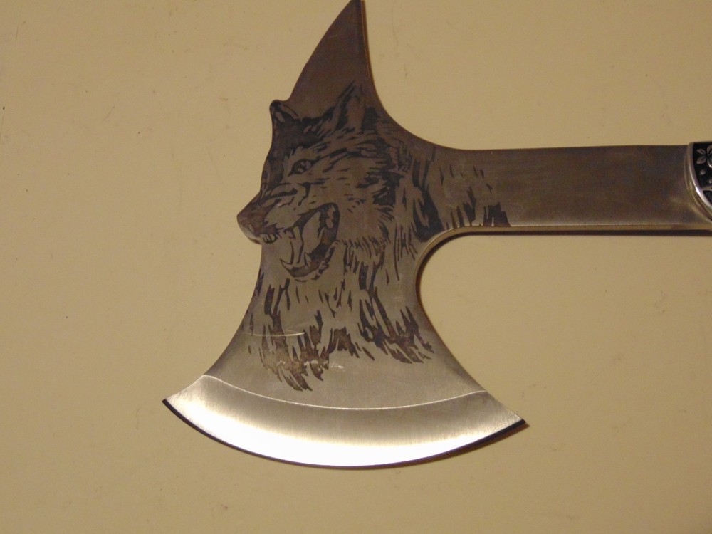 Hatchet With Etched Wolf Face And Wooden Handle