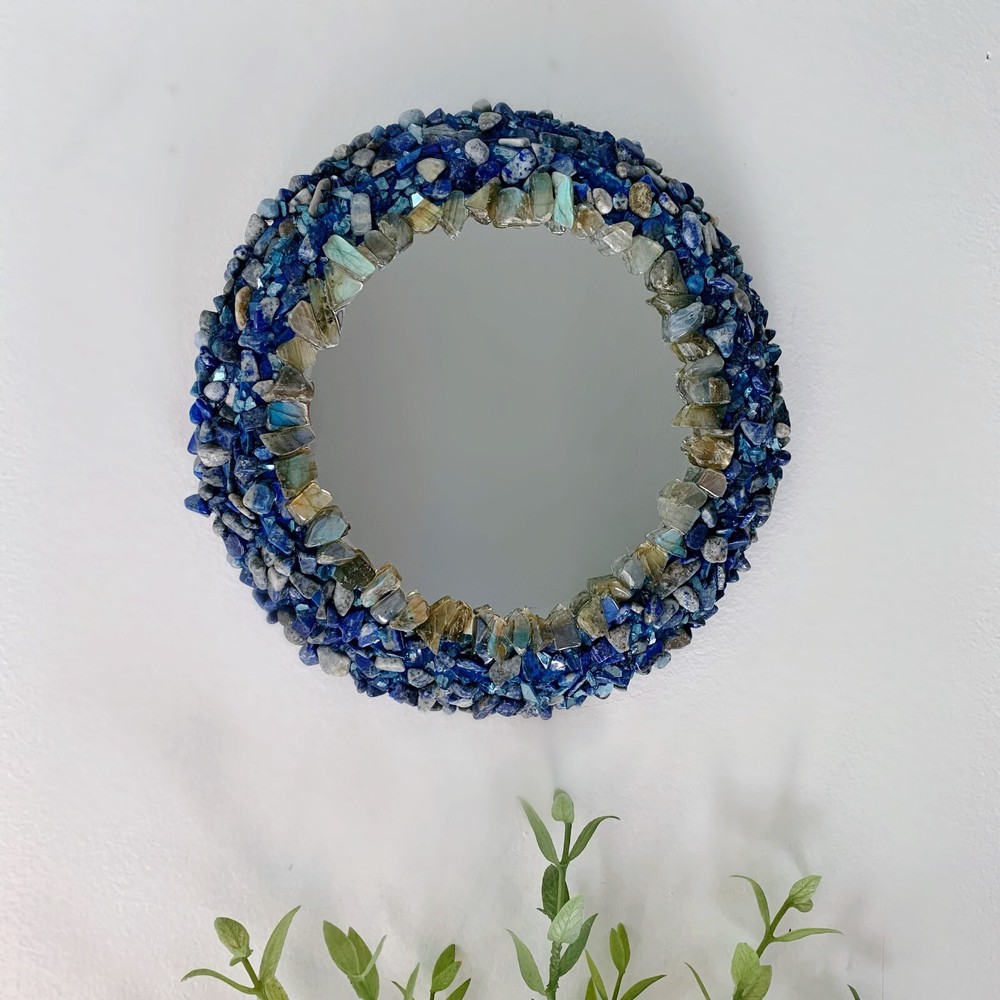 18" Lapis Lazuli & Labradorite Round Gemstone Mirror – Crystal Wall Deco
