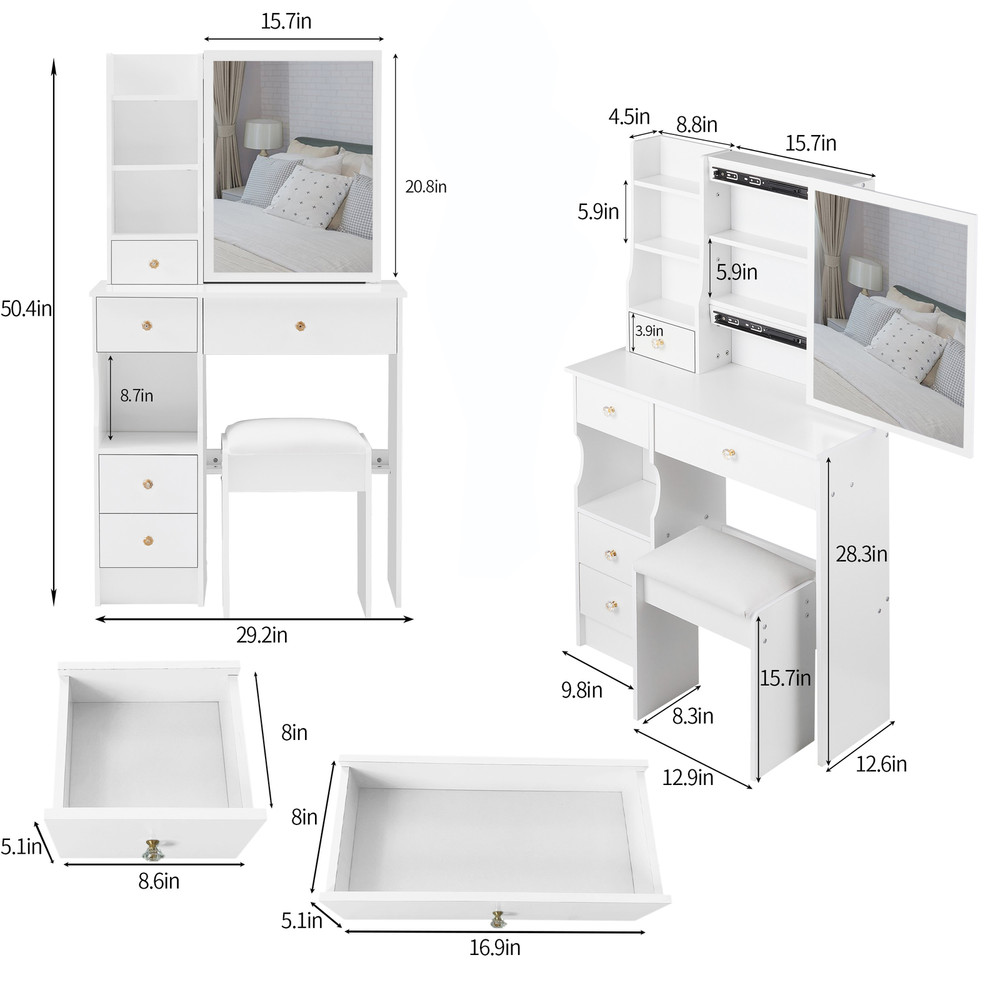 29.2" Small Space Left Drawer Desktop Vanity Table + Cushioned Stool, Extra La