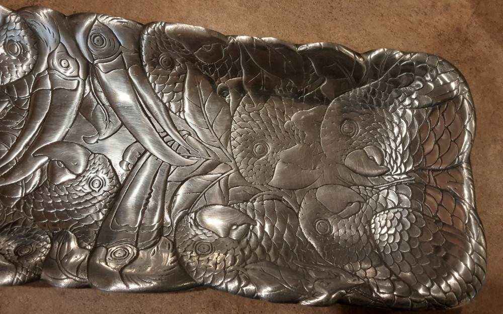 ARTHUR COURT P 1983 ALUMINUM 20" PARROT & TOUCAN RECTANGULAR TRAY
