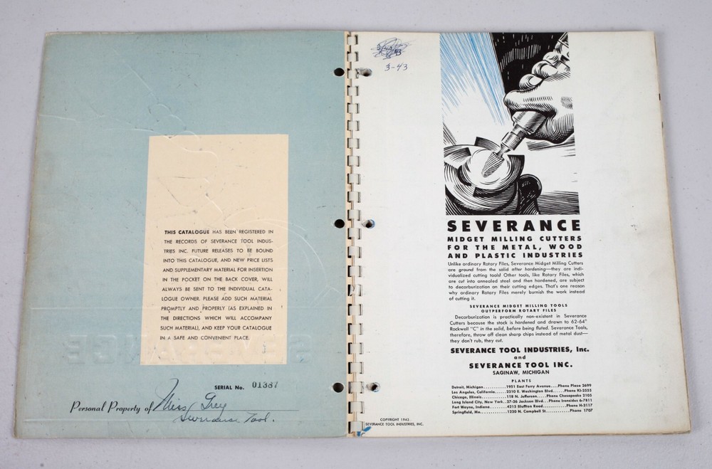 1943 Severance Midget Milling Cutters Catalog Grinding Files Tools Saginaw MI
