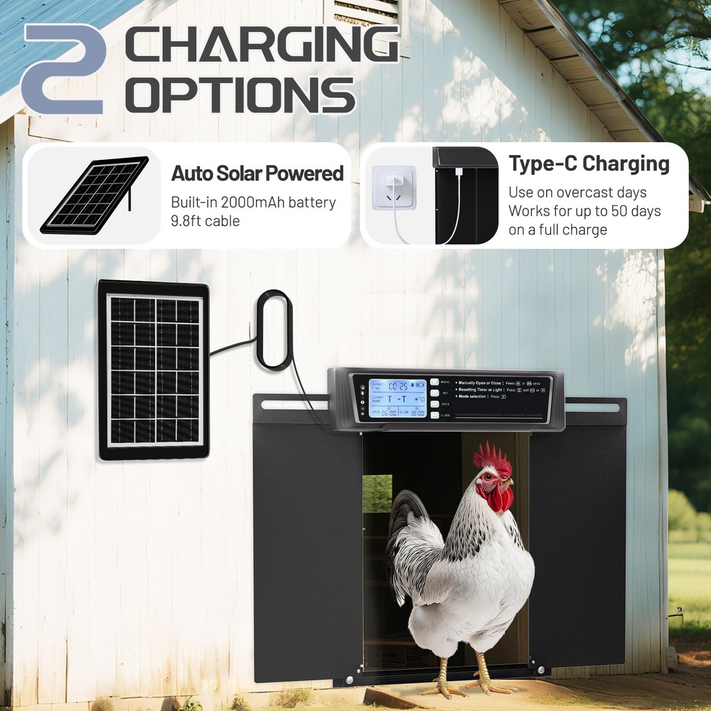 Large Horizontal Automatic Chicken Coop Door Solar Powered w/ Timer Light Sensor