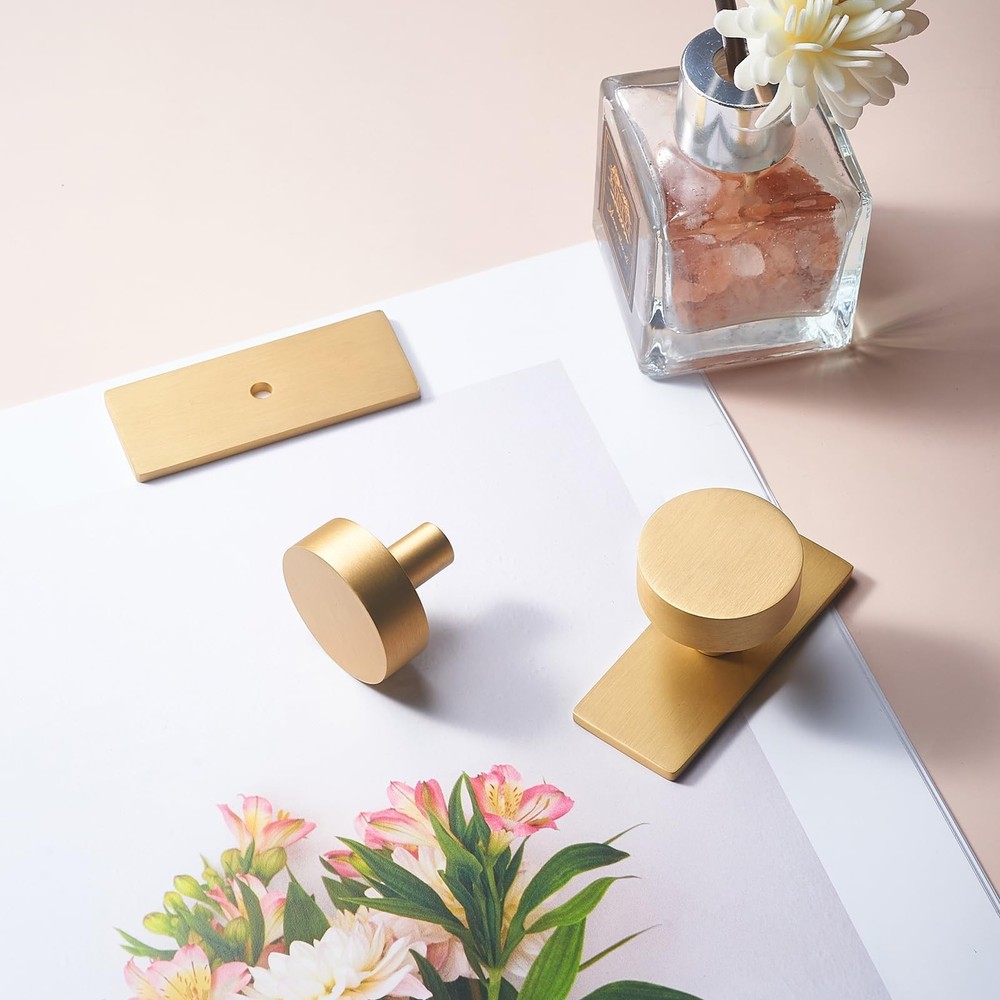 Brass Cabinet Knobs with Backplate - 2 Pack Modern Brushed Gold Hardware Hand...
