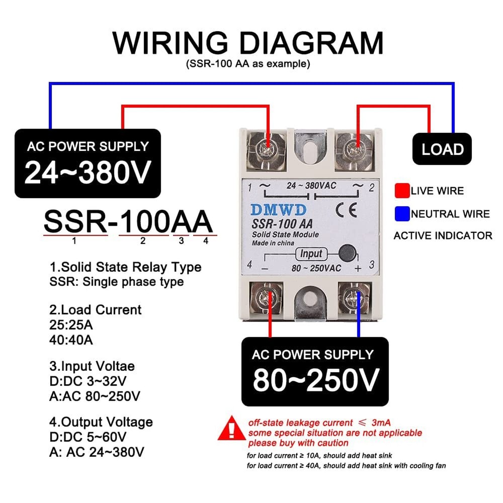 SSR-100AA Solid State Relay AC to AC (Input 80-250V AC Output 24-380V AC) wit...