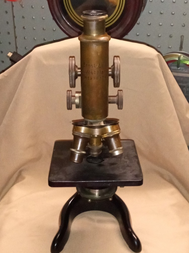 Ernst Leitz Wetzlar Antique Brass Microscope with Case+ACCESSORIES+over-stage
