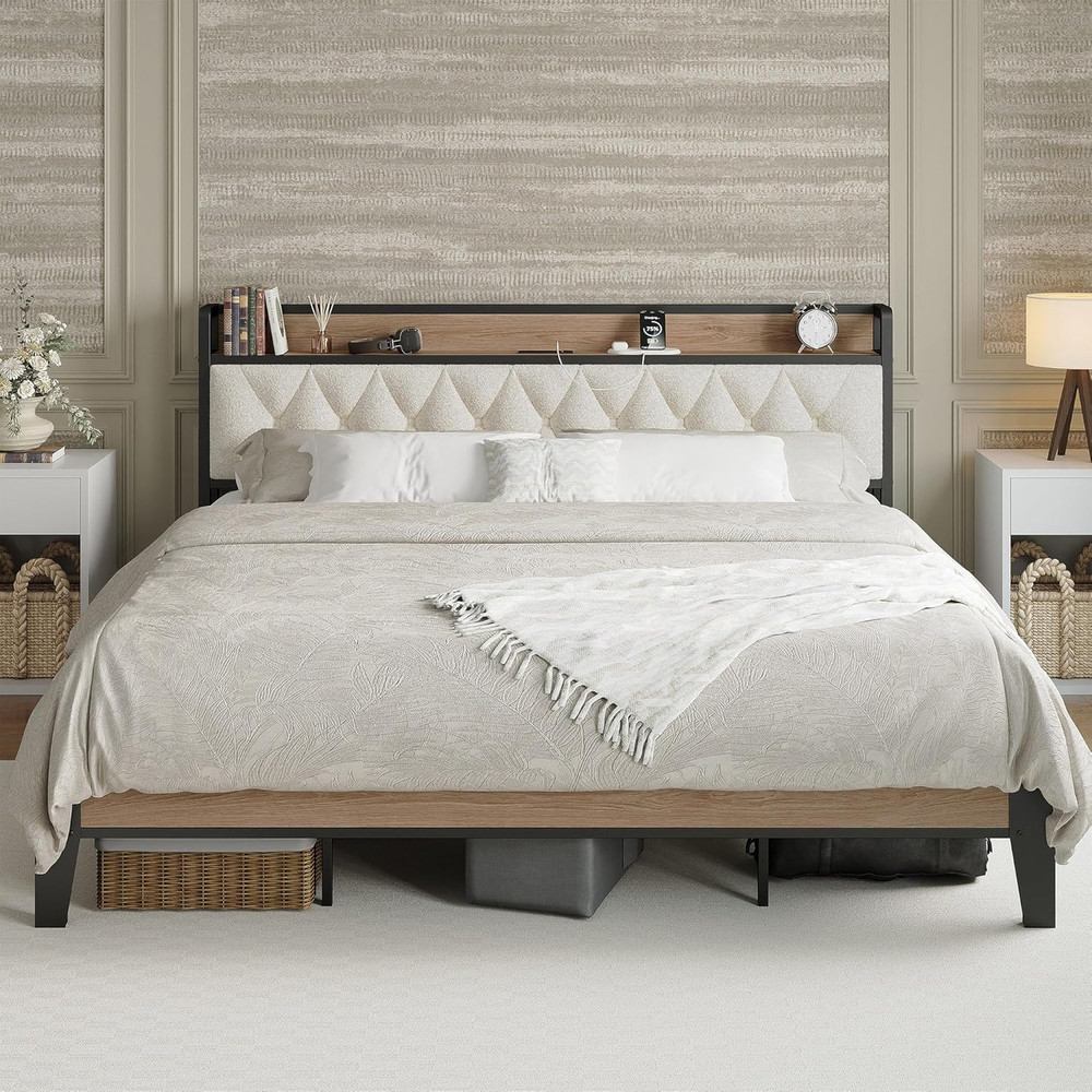 King Bed Frame, Storage Headboard with Charging Station, Platform Bed Frame with