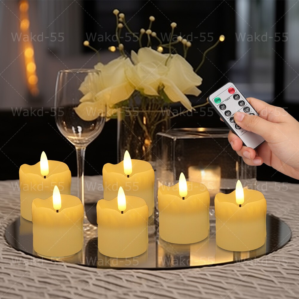 6pcs Flickering Real Wax LED Tea Light Votive Candles with Timer Remote Control