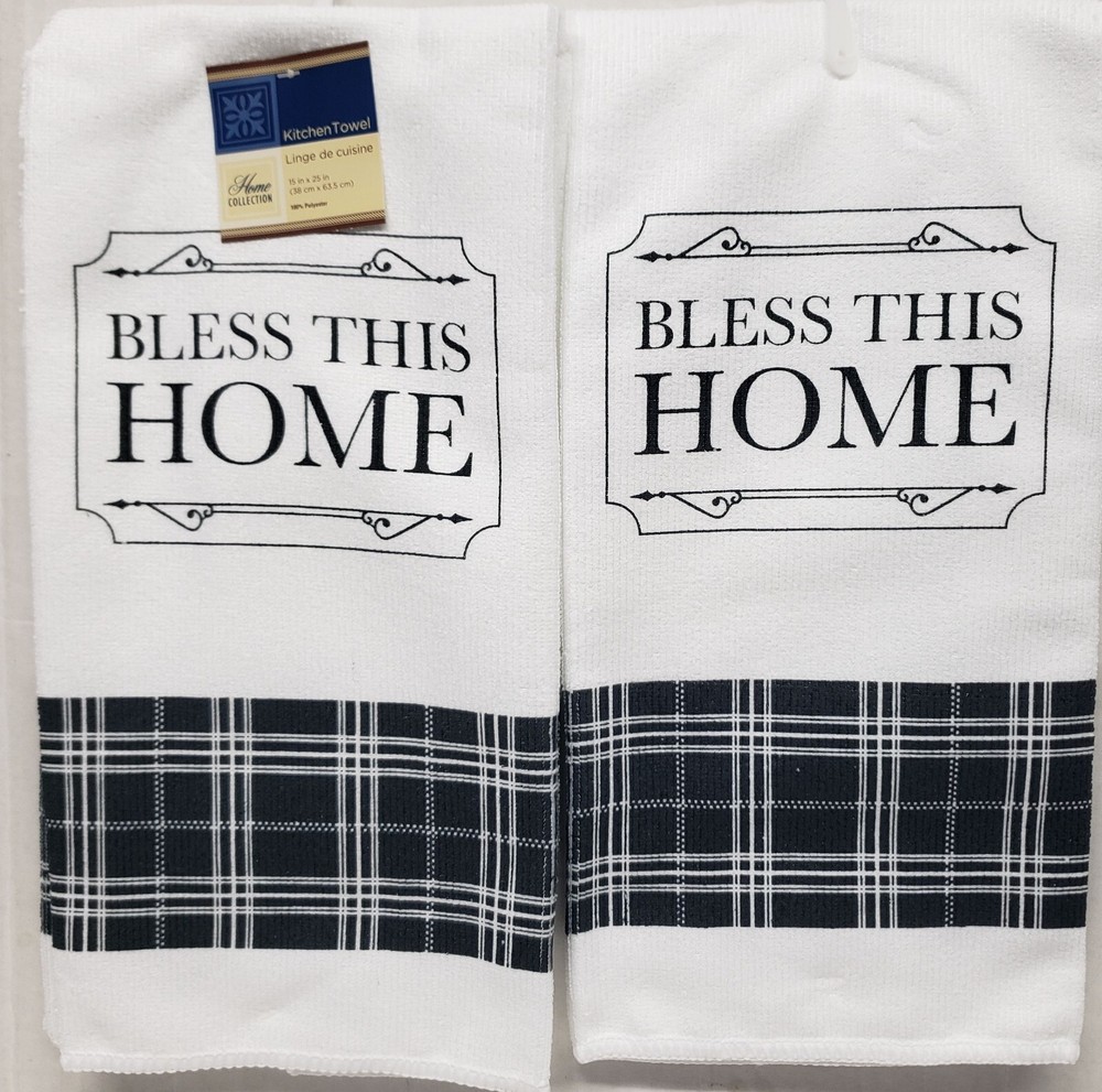 2 Same Microfiber Kitchen Towels (15" x 25") BLESS THIS HOME, BLACK & WHITE, GR