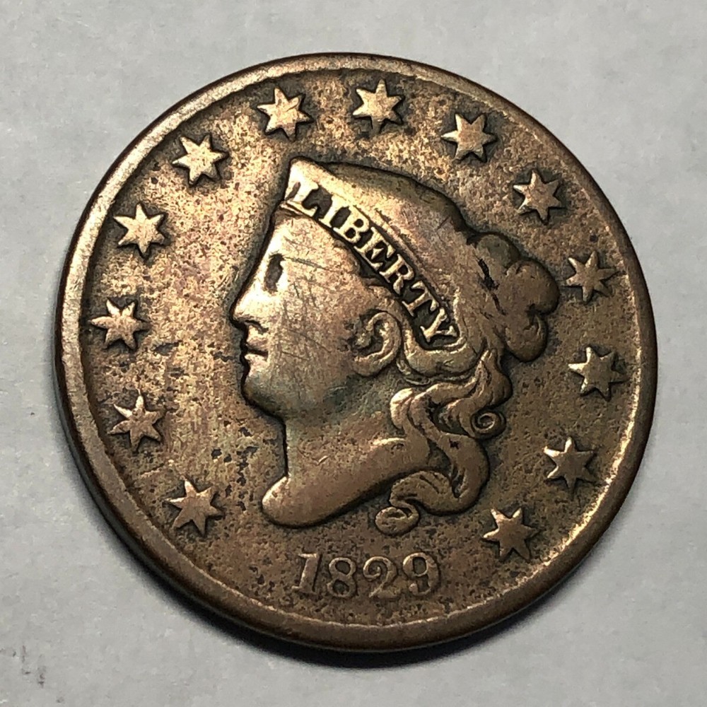 1829 Coronet Head U.S. large cent. VG, cleaned, reverse stain. #en2