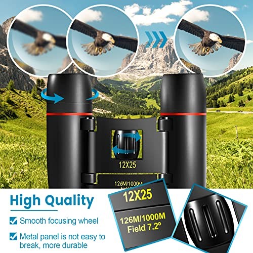 Mini Pocket Binoculars Compact, Small Lightweight Foldable for 12X25 Black