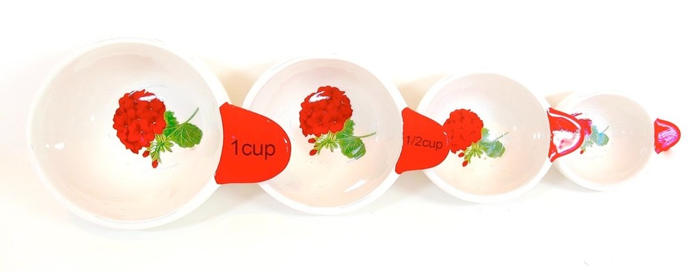 Geranium Measuring Cup Set,White Ceramic,Red Geraniums, 1, 1/2, 1/4, 1/3 Cups