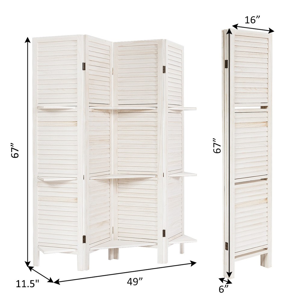 4 Panel Folding Room Divider Screen with 3 Display Shelves 5.6 Ft Tall White