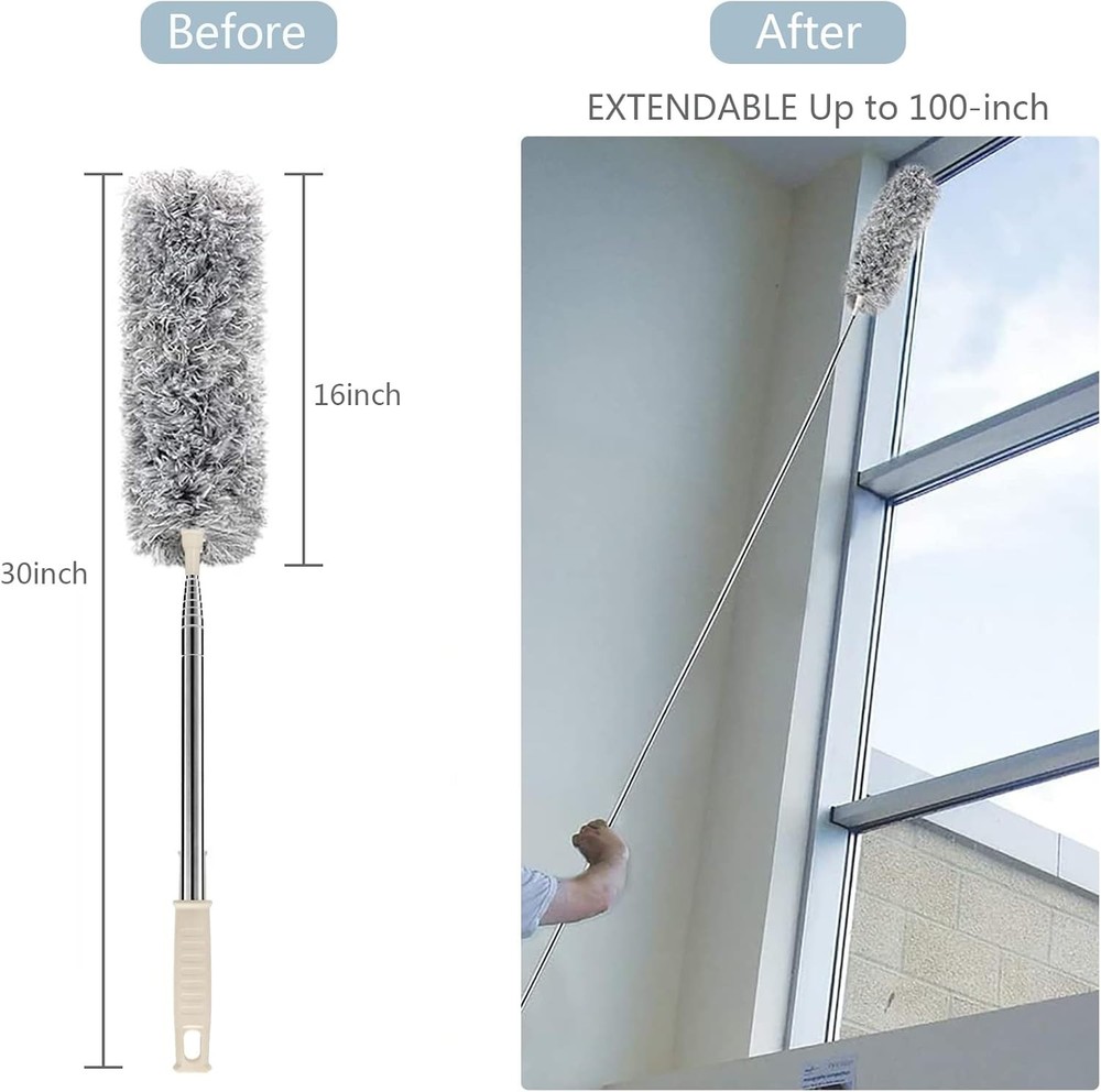 Versatile Bendable Microfiber Duster with 30-100'' Extension Pole for Home Use