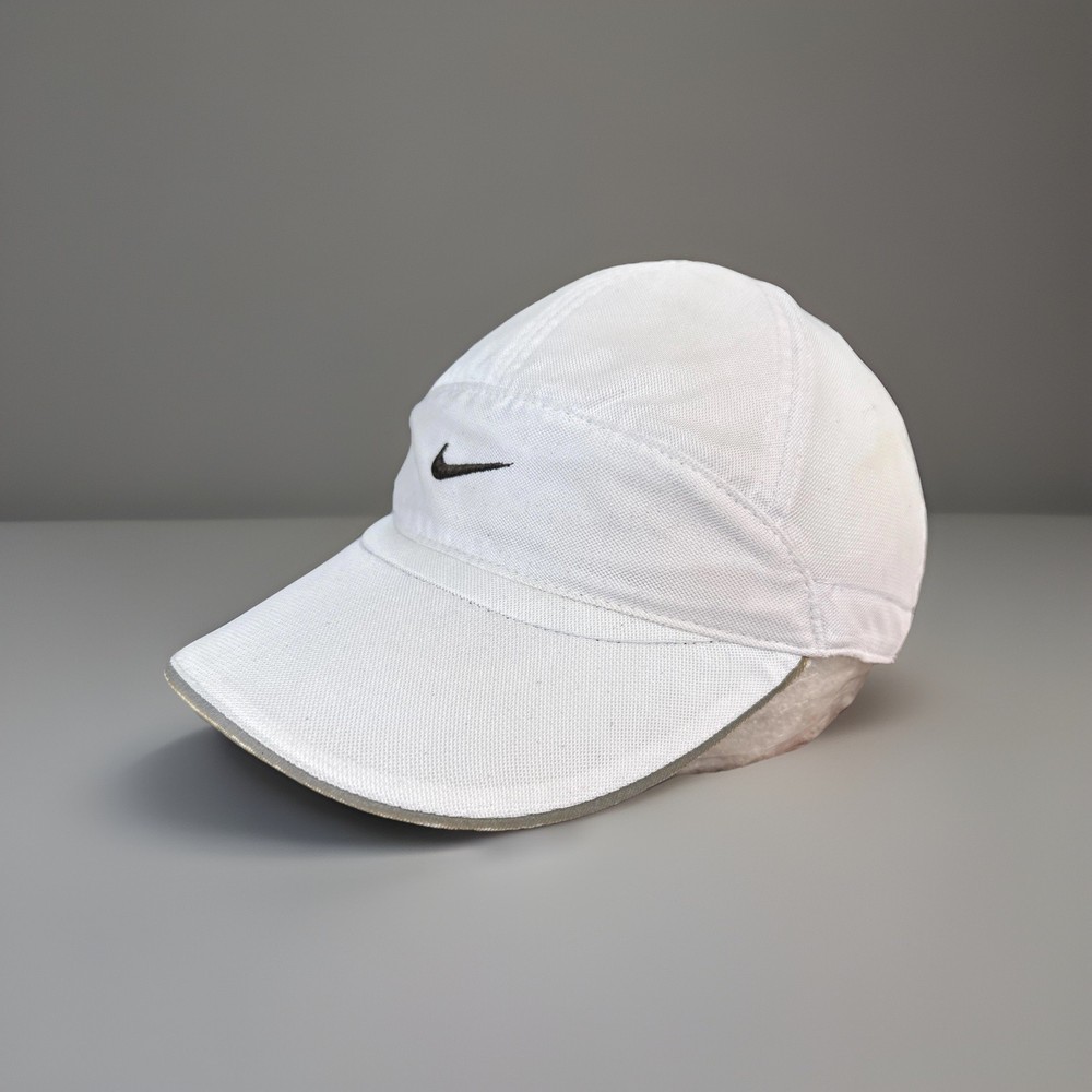 Vintage Nike Tailwind 7 Panel Hat Cap Strap Back Mens White Mesh Running Feather
