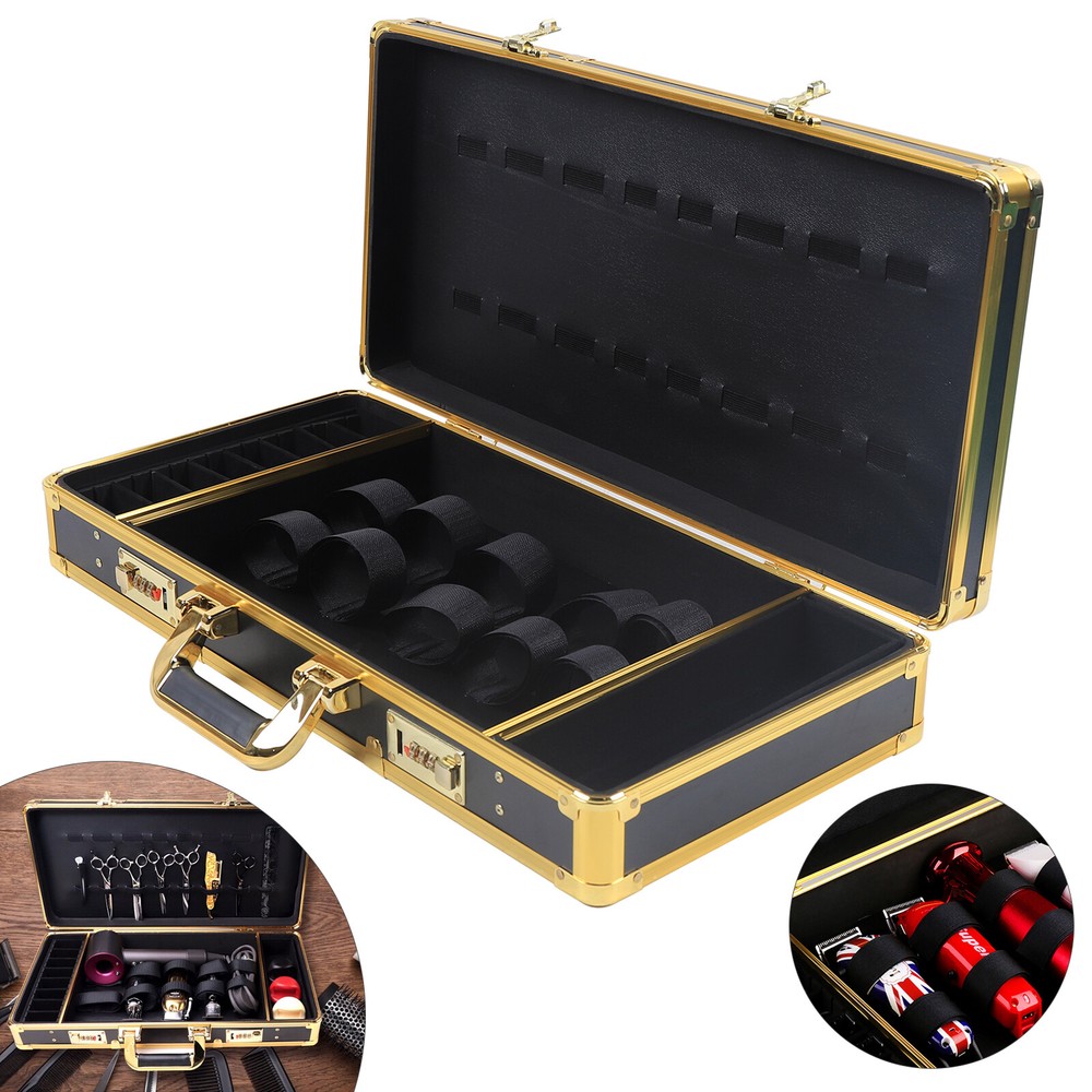 Large Barber Suitcase Carrying Case Clipper Trimmers Tool Storage Organizer Gold