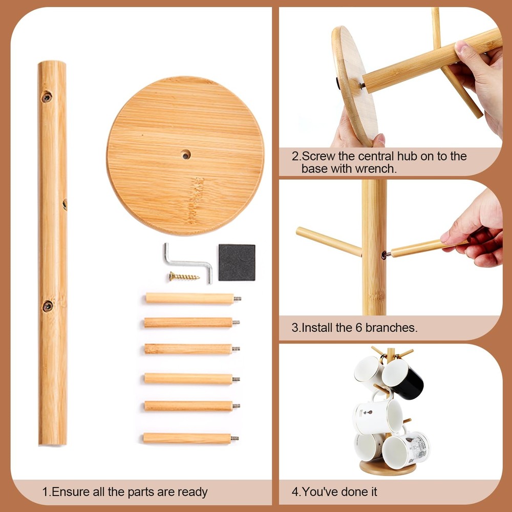 Bamboo Mug Tree Holder, Upgraded Screw Type 6 Hooks Coffee Mug Holders, Decor...
