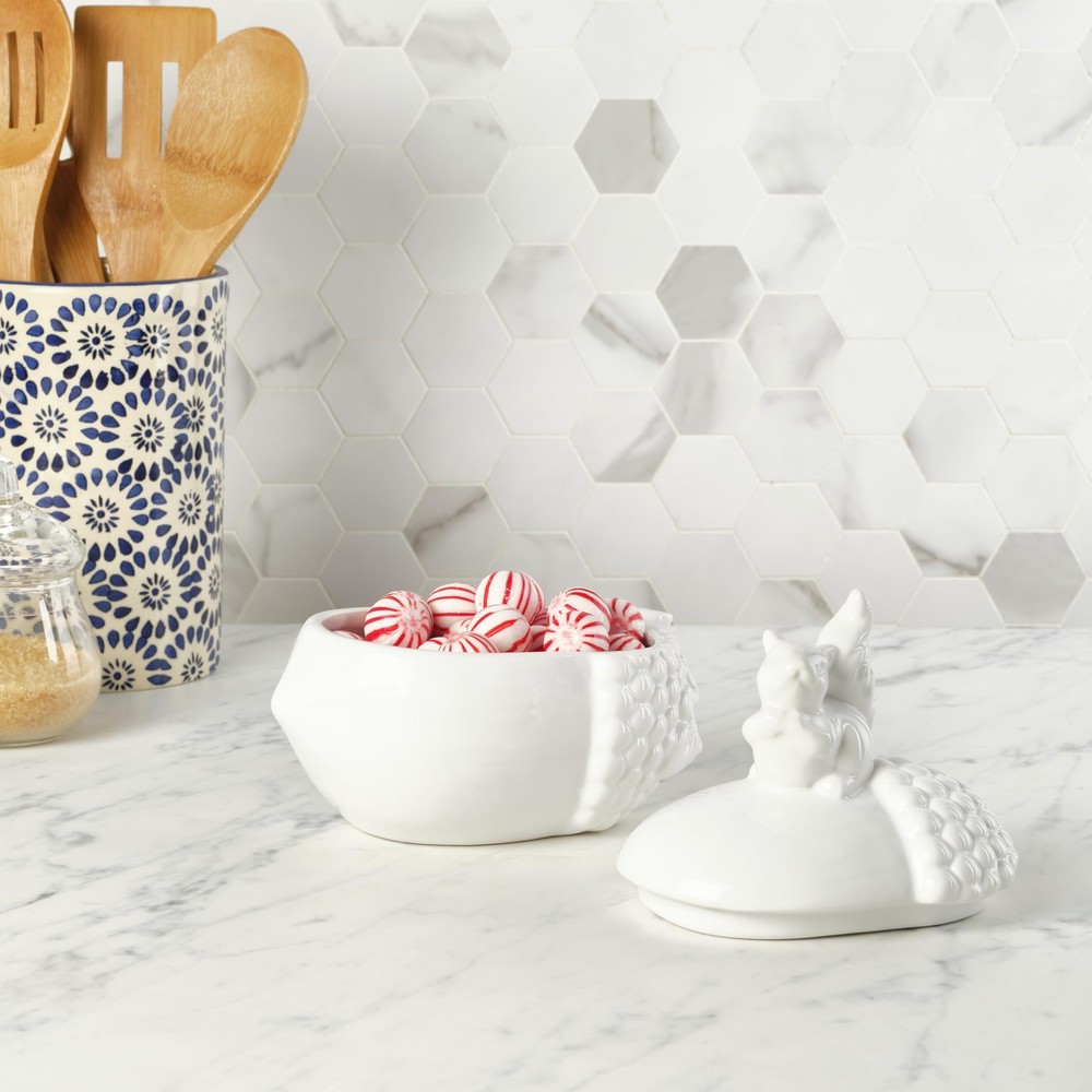 Elements White Ceramic Squirrel on Acorn Jar - 7.09x4.72x6.5"