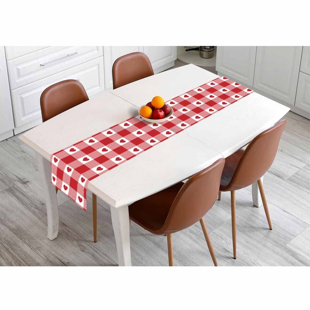 Table Runner Romantic Red Hearts Gingham PatternCotton Linen Table Runner Dec...