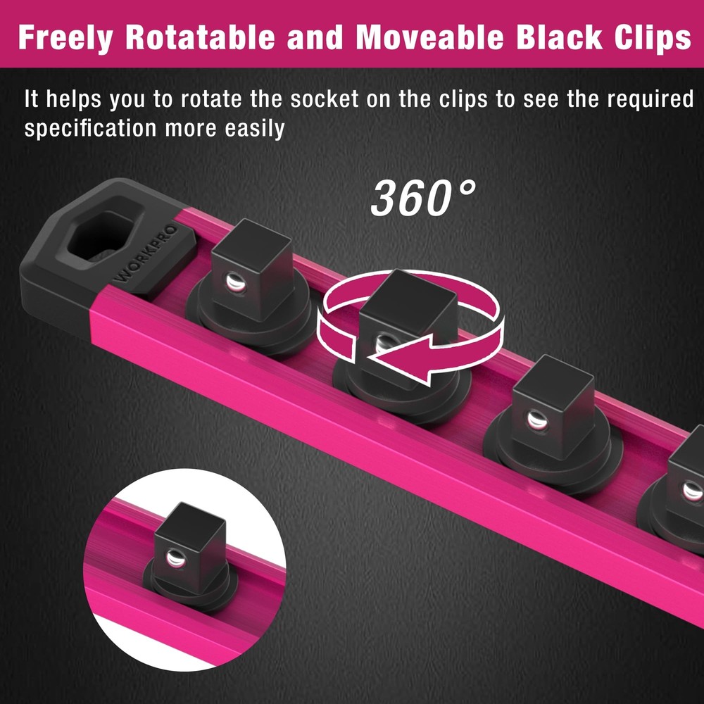 WORKPRO Heavy Duty Magnetic Socket Organizer 1/2" Dr Socket Holder Rack 10 Clips