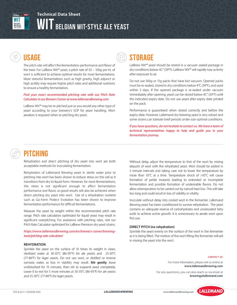 Lallemand LalBrew Wit™ Belgian Wit-Style Ale Yeast 11g Pack