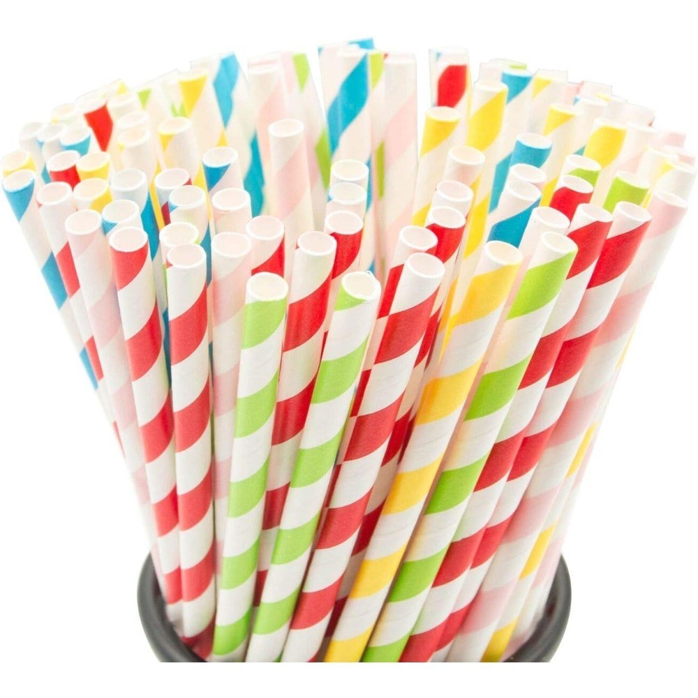 Rainbow Striped Paper Straws 100-Pack Biodegradable Eco-Friendly Drinking Straws