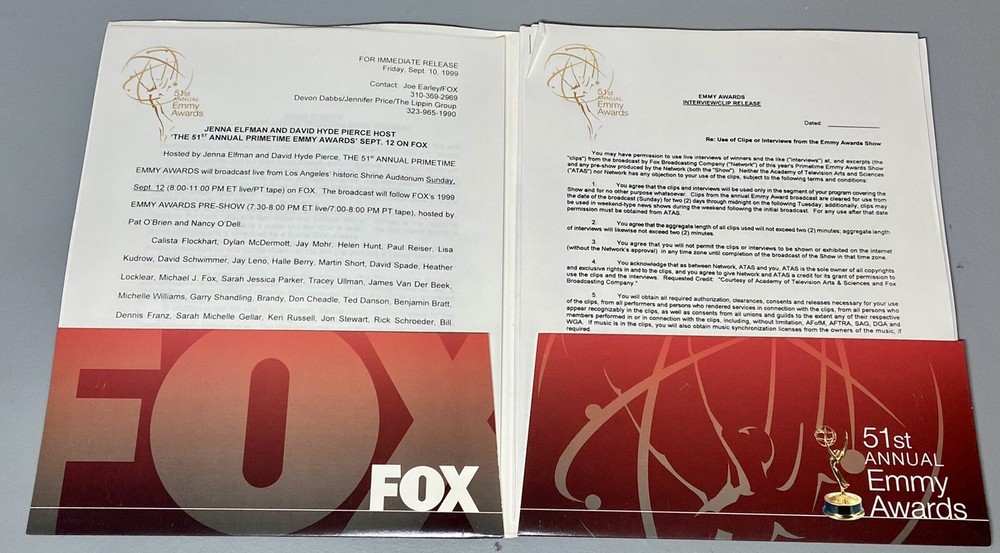 1999 Oscars 51st Emmy ￼Awards Complete Nomination Program Souvenir Pamphlet Fox