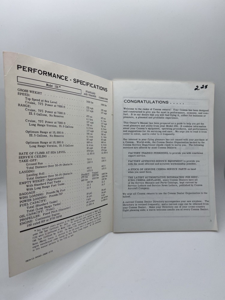 1969 Cessna Model 150 Airplane Owners Guide Manual
