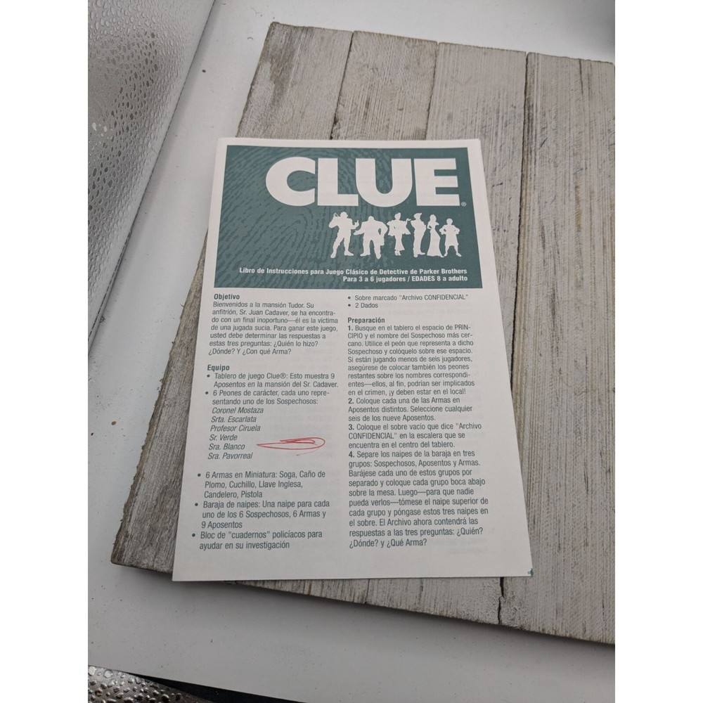 2002 Clue Board Game Replacement Parts Game Board Instructions