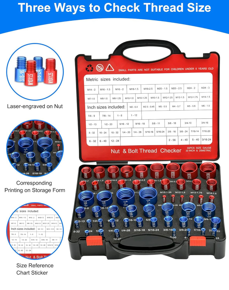 55Pcs Thread Checker, Nut and Bolt Measuring Tool(25 Metric & 30 Standard), Bolt
