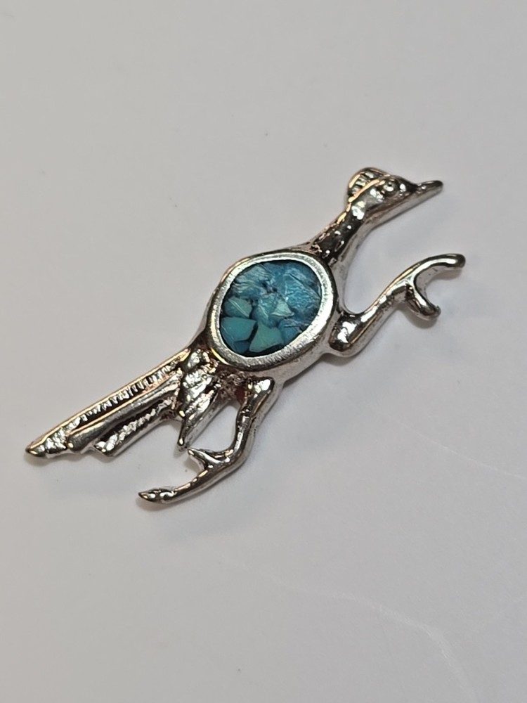 Roadrunner Lapel Pin Silver Color Setting Crushed Blue Turquoise