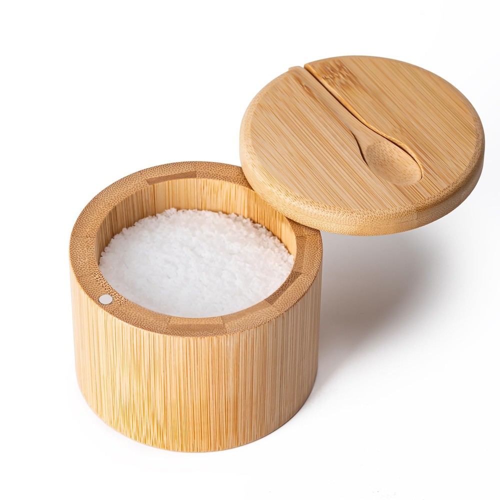 Husfunov Bamboo Salt Cellar, Box with 6 ounces, spoon