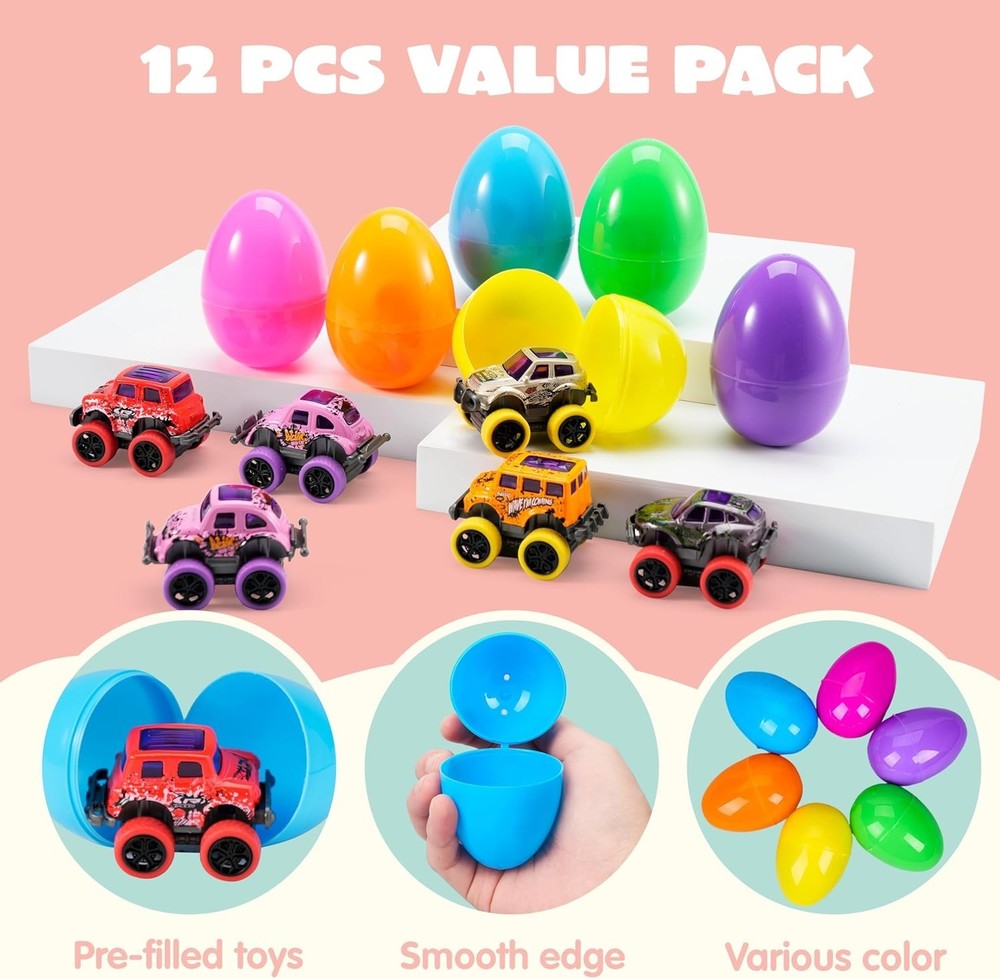 12 Pcs Easter Eggs Filled with Pull Back Monster Cars, Easter Trucks Cars for...