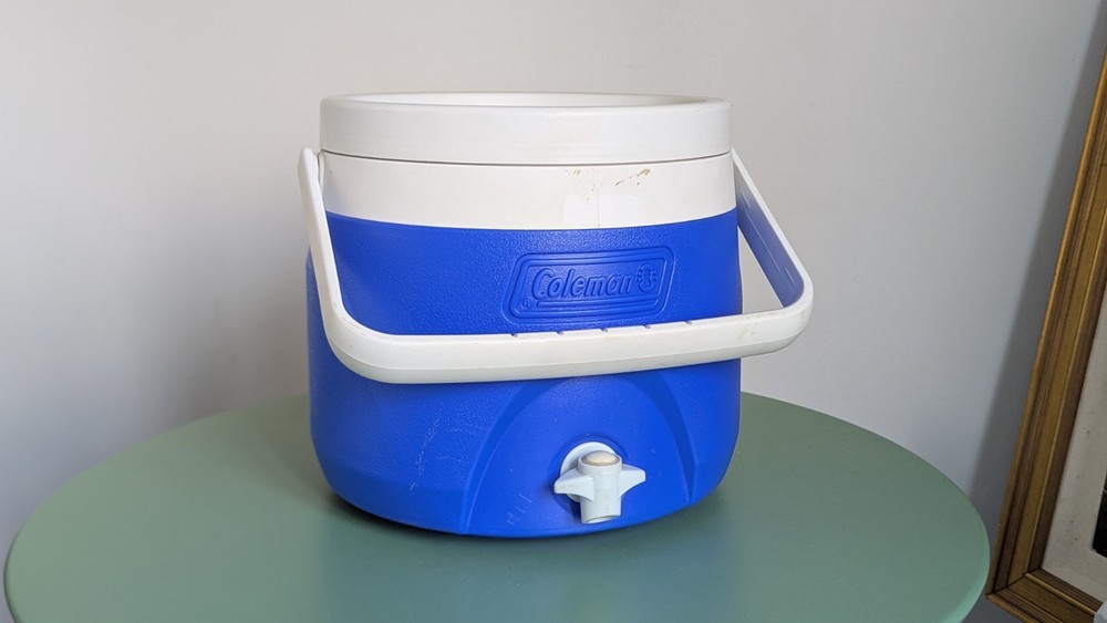 Coleman Stackable Blue White Water Jug Screw-on Lid, cooler.