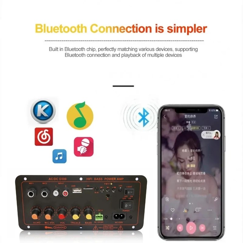 Bluetooth 5.0 600W Amplifier Board, Dual Mic Input, AUX, Remote Control