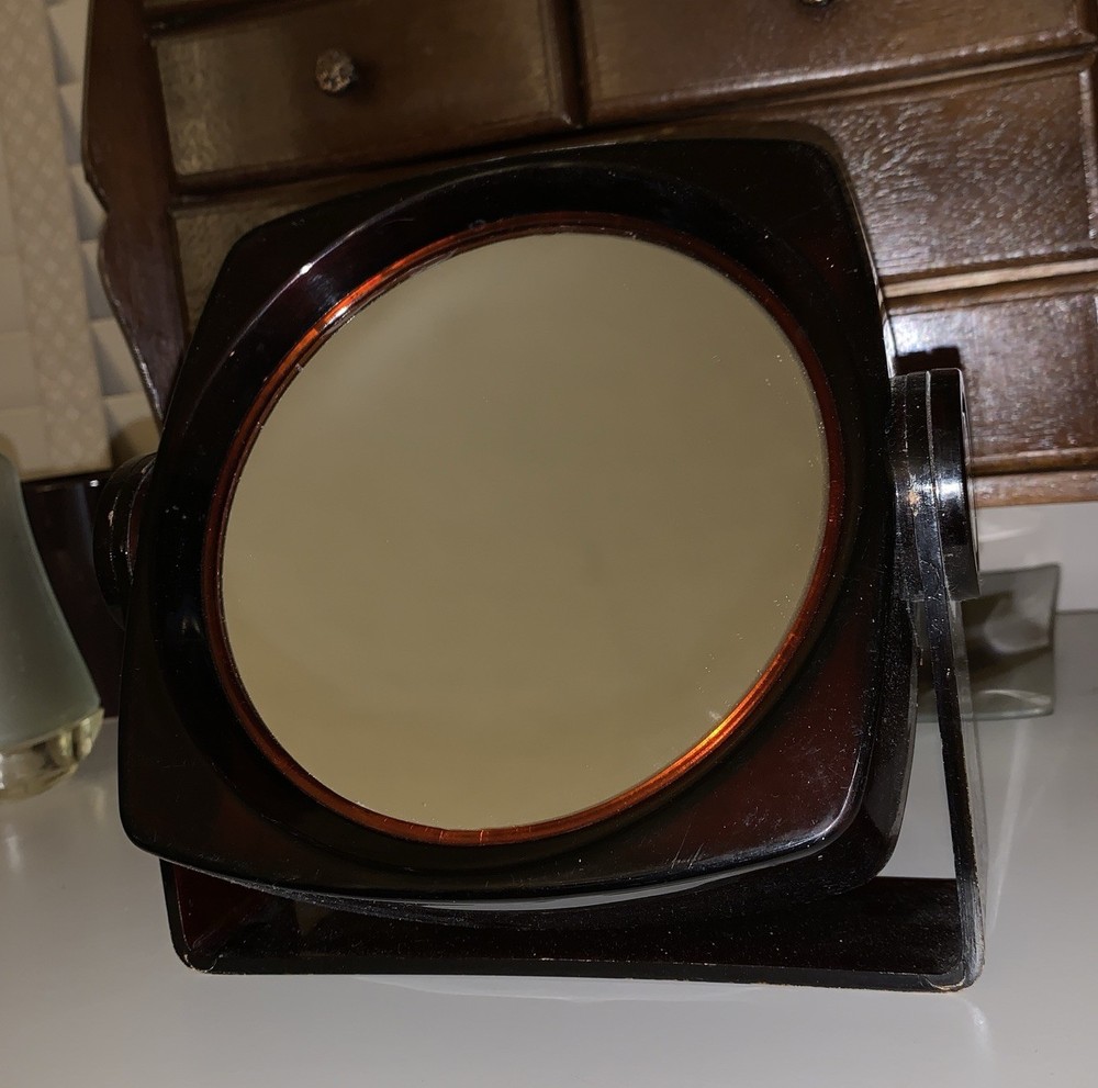 Vtg Makeup Mirror Tortoise Shell Acrylic Table Top Vanity Wall Hanging