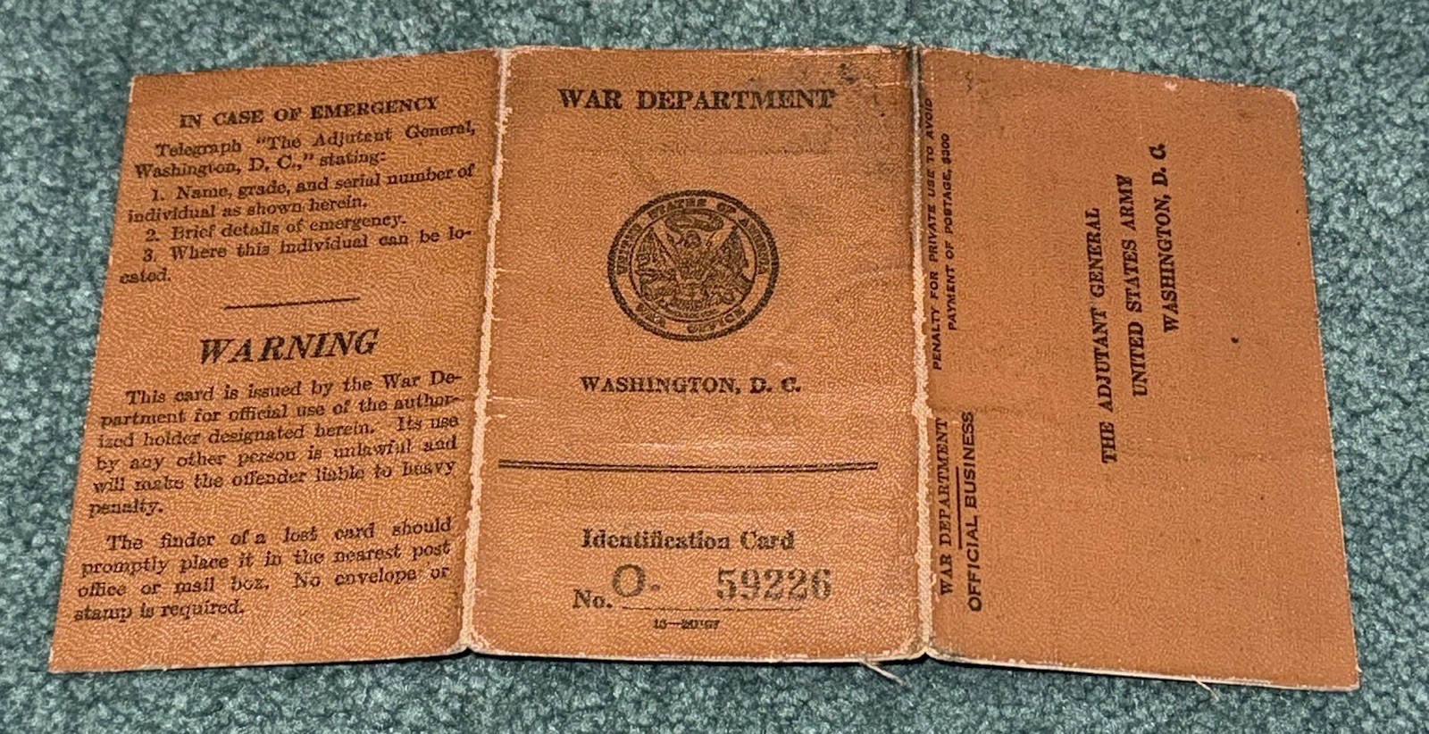 Original WWII US Army 34th Infantry Division 1942 ID Card