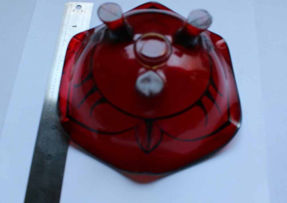 VTG RUBY RED 3 LEG CANDY GLASS DISH STERLING SILVER INLAY DESIGNE